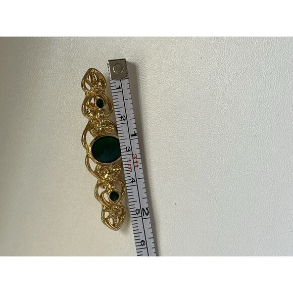 Vintage Gold Tone Bar Brooch Green Enamel Filagree 2” - Picture 4 of 4
